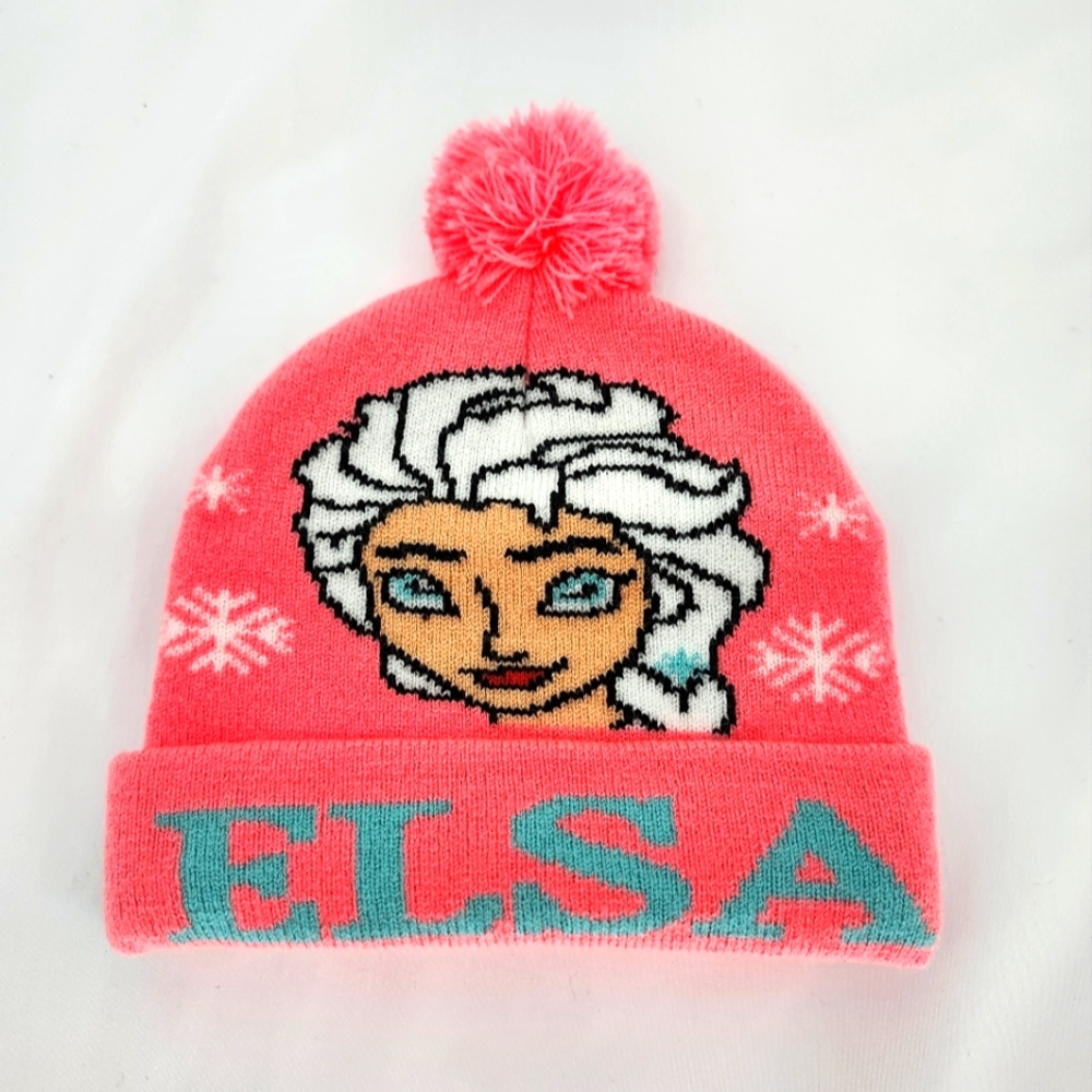 Elsa Frozen Kids Knit Beanie Pink Pom Pom Winter Snow‎